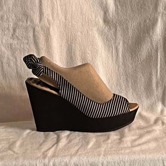 Rocketdog Black/White Stripe Black Denim Wedge Sandals - Picture 3 of 9